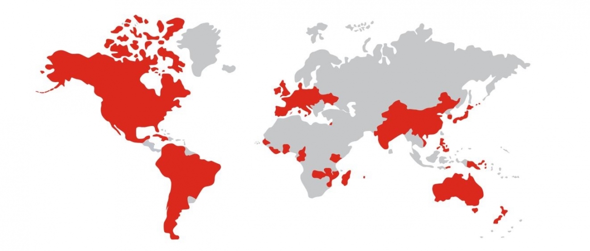Mapa actual de la presència de l'Orde Hospitalari al món.
